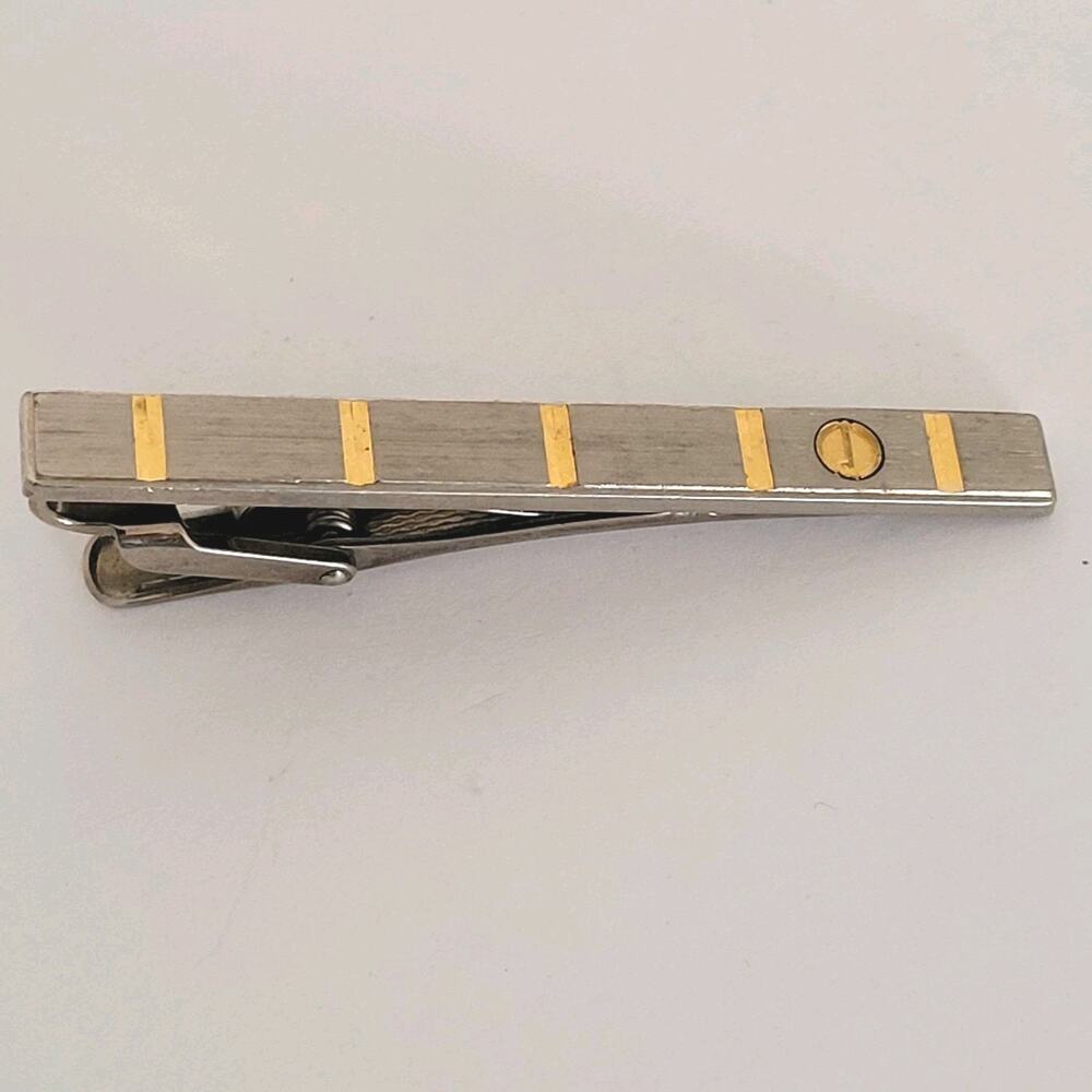 Dunhill Vintage Tie Clasp Clip Bar‎ Silver Gold Retro Logo Striped Minimalist